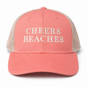 Cheers Beaches Embroidered Ponytail Trucker Hat: Coral & Sand - Cheers Beaches
