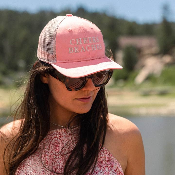 Cheers Beaches Embroidered Ponytail Trucker Hat: Coral & Sand - Cheers Beaches