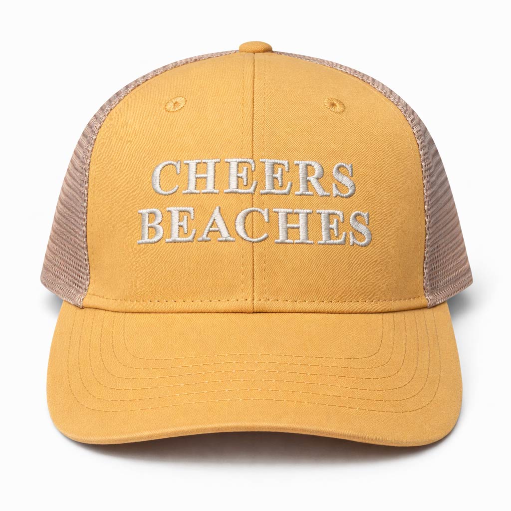 Cheers Beaches Embroidered Ponytail Trucker Hat: Sunset Yellow & Sand - Cheers Beaches