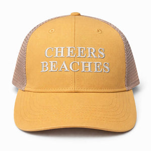 Cheers Beaches Embroidered Ponytail Trucker Hat: Sunset Yellow & Sand - Cheers Beaches