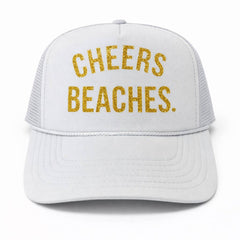 "Cheers Beaches" Glitter Girl Trucker Hat: White & Gold - Cheers Beaches