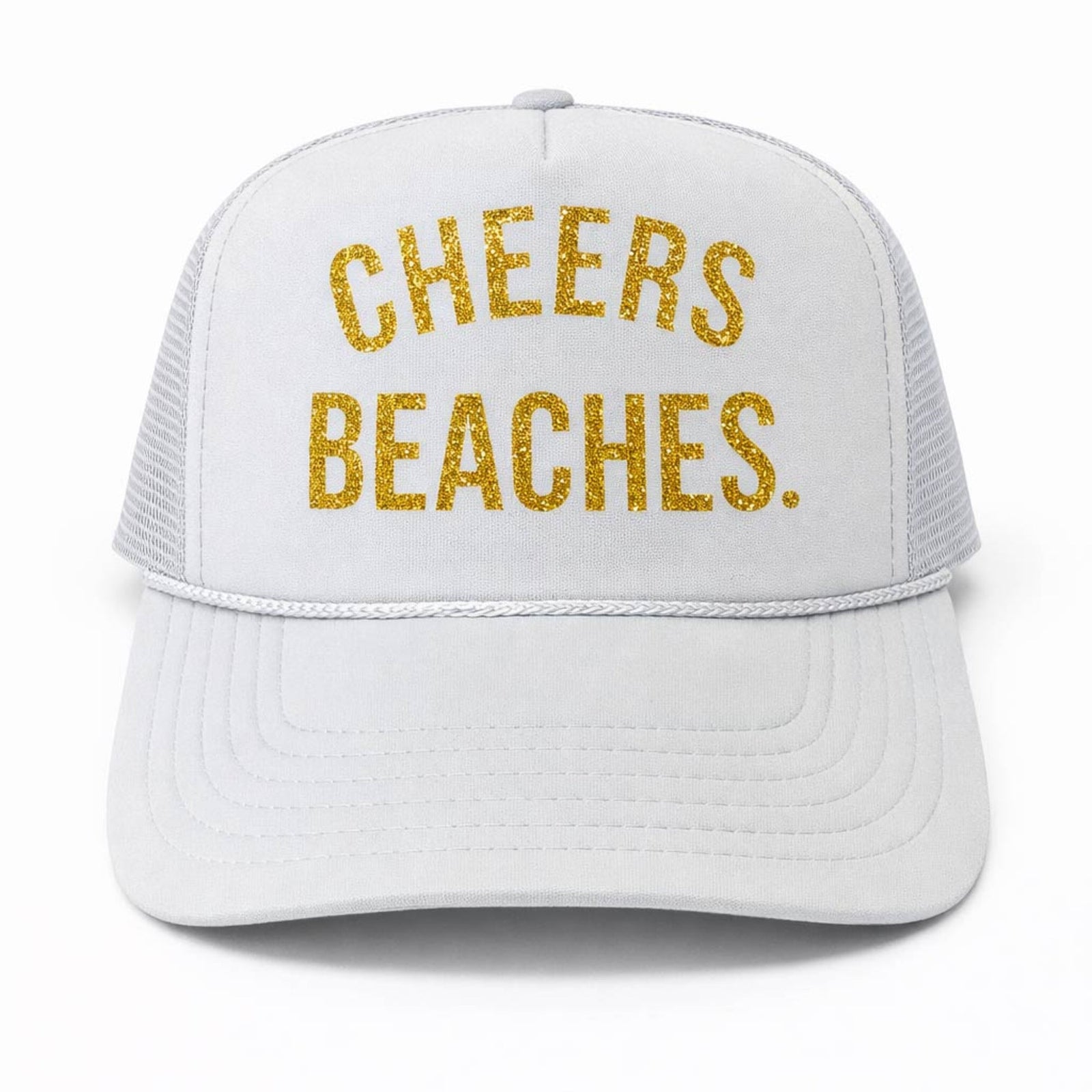 "Cheers Beaches" Glitter Girl Trucker Hat: White & Gold - Cheers Beaches