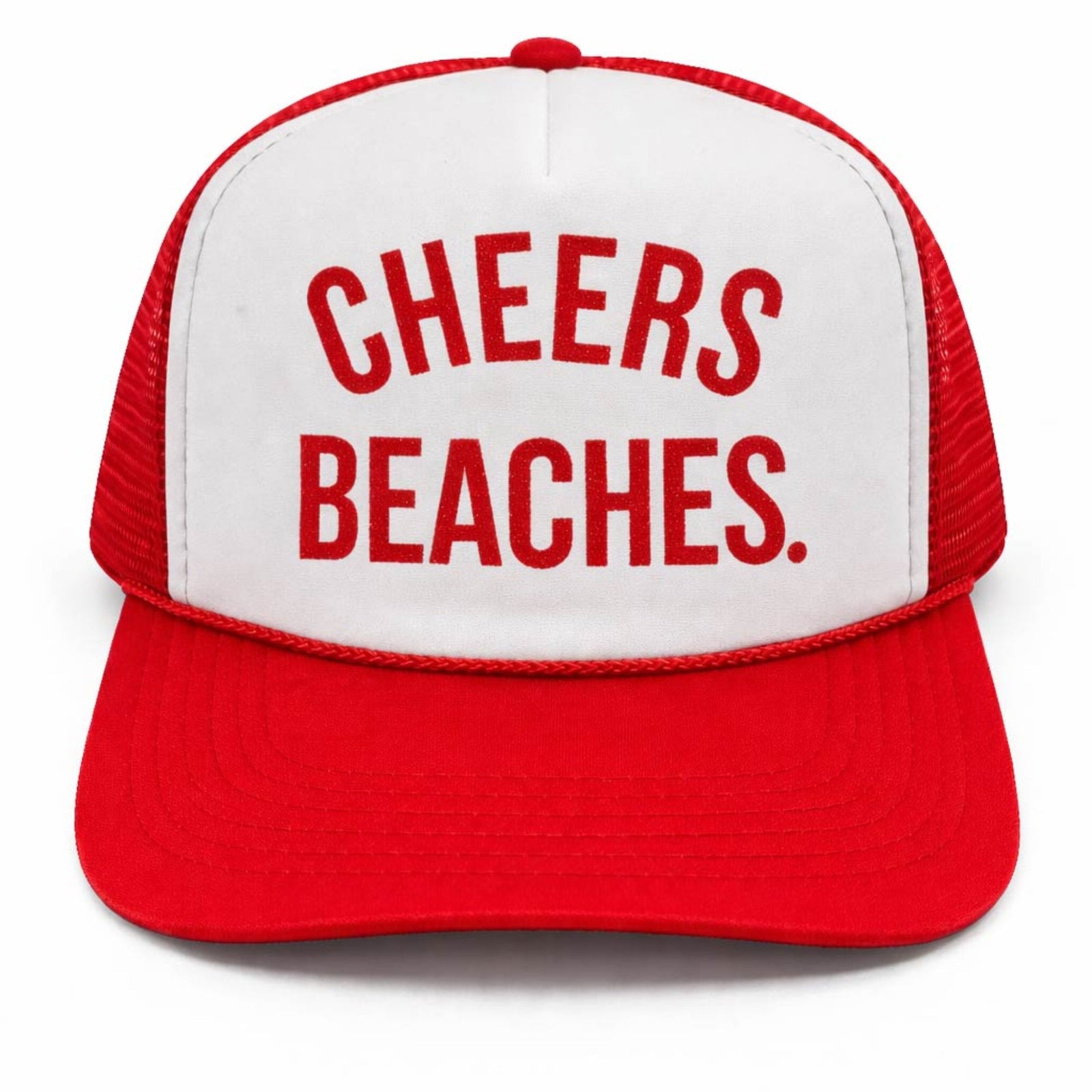 "Cheers Beaches" Red & White Glitter Trucker Hat: - Cheers Beaches