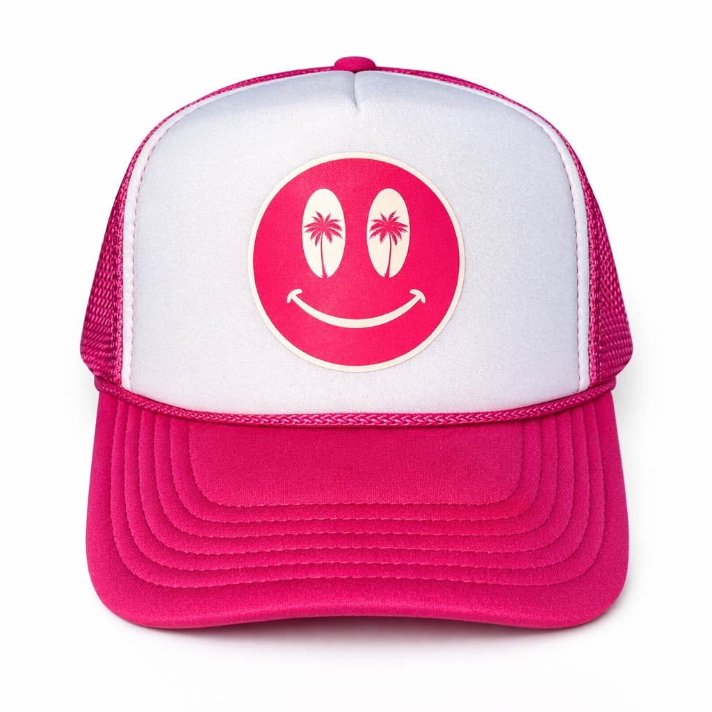 Cheers Beaches® Smiley Face Palm Tree Trucker Hat – Beach Hat - Cheers Beaches