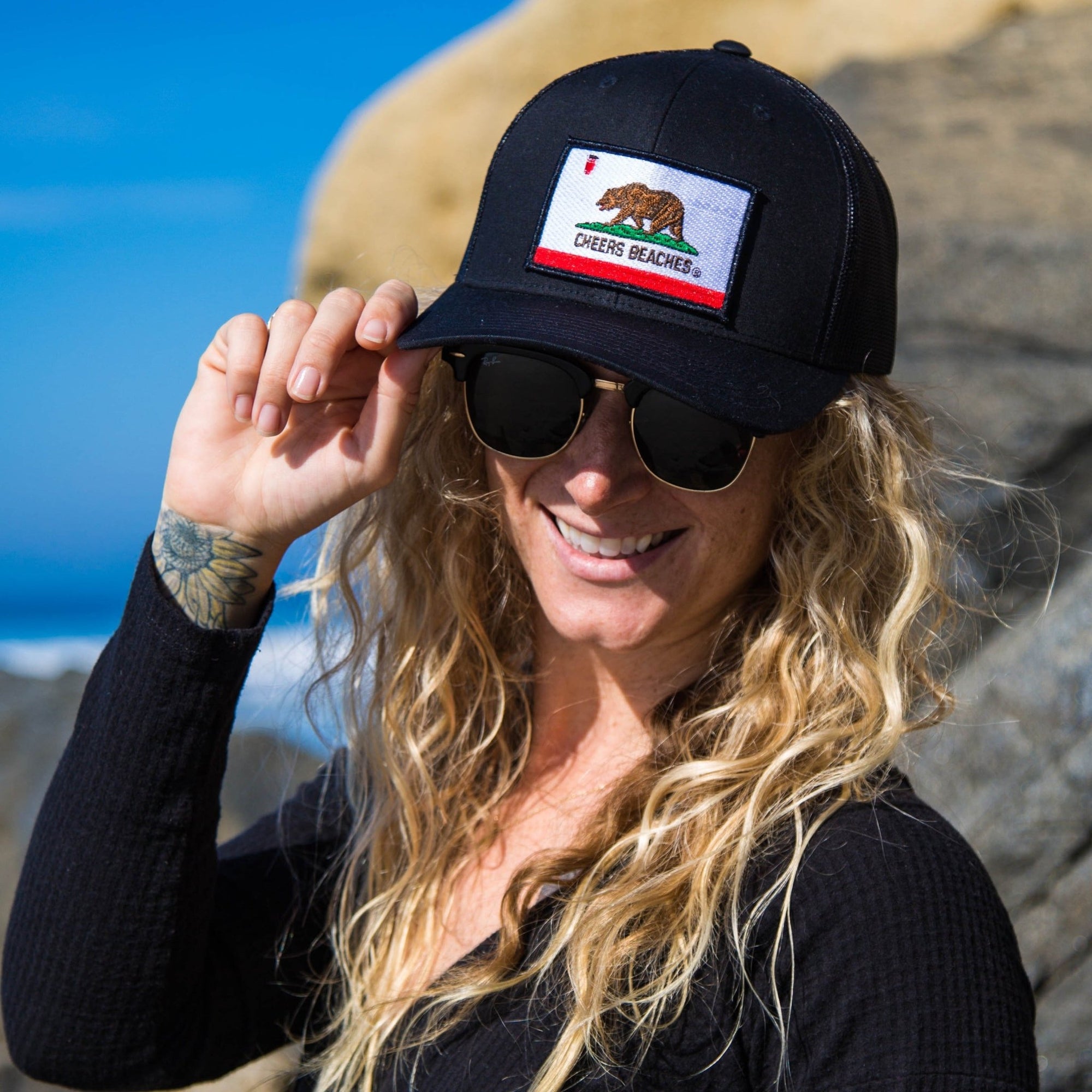 California Bear Flag "Cheers Beaches" Trucker Hat: Black on Black - Cheers Beaches