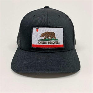California Bear Flag "Cheers Beaches" Trucker Hat: Black on Black - Cheers Beaches