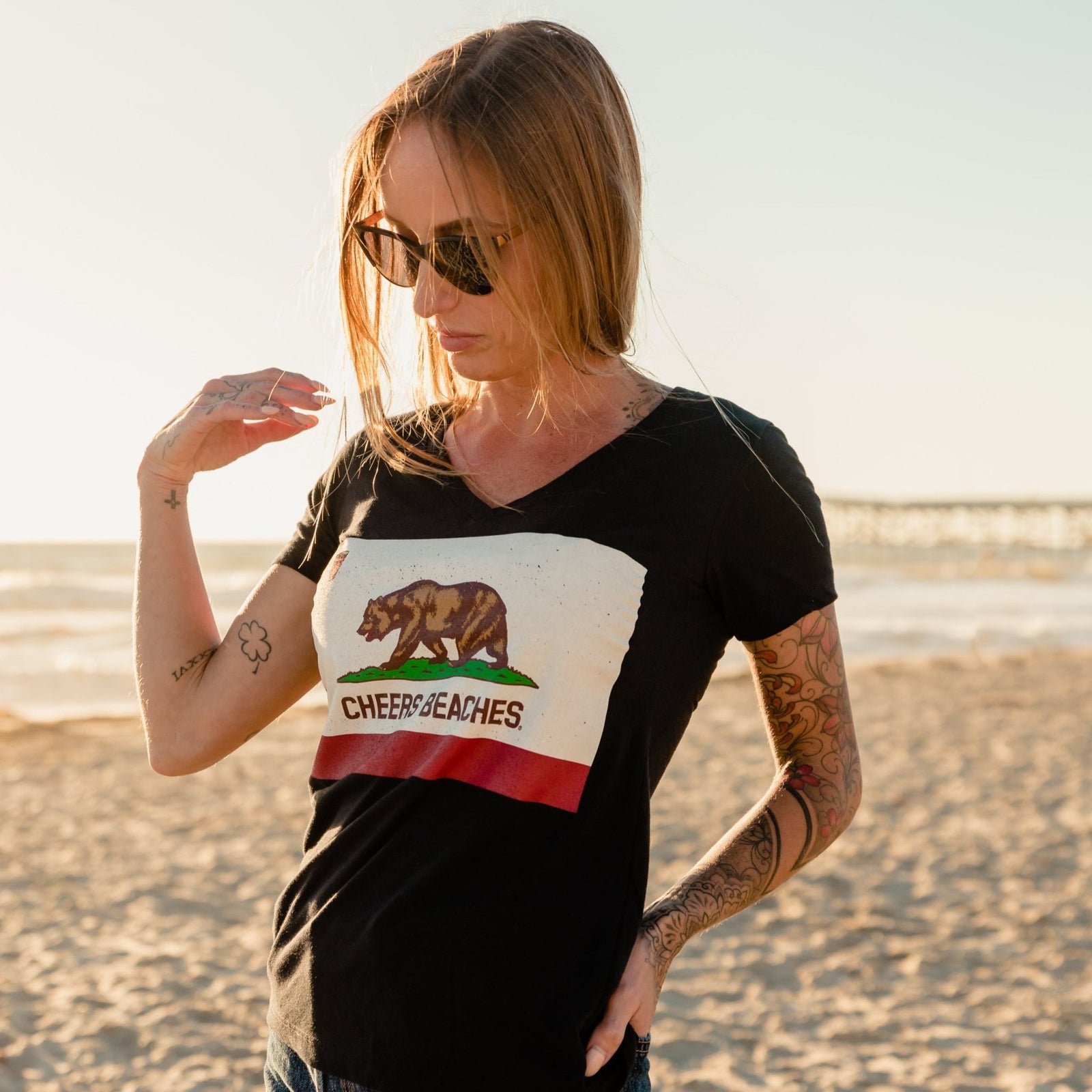 California State Flag Women's "Cheers Beaches" V - Neck T-shirt - Cheers Beaches