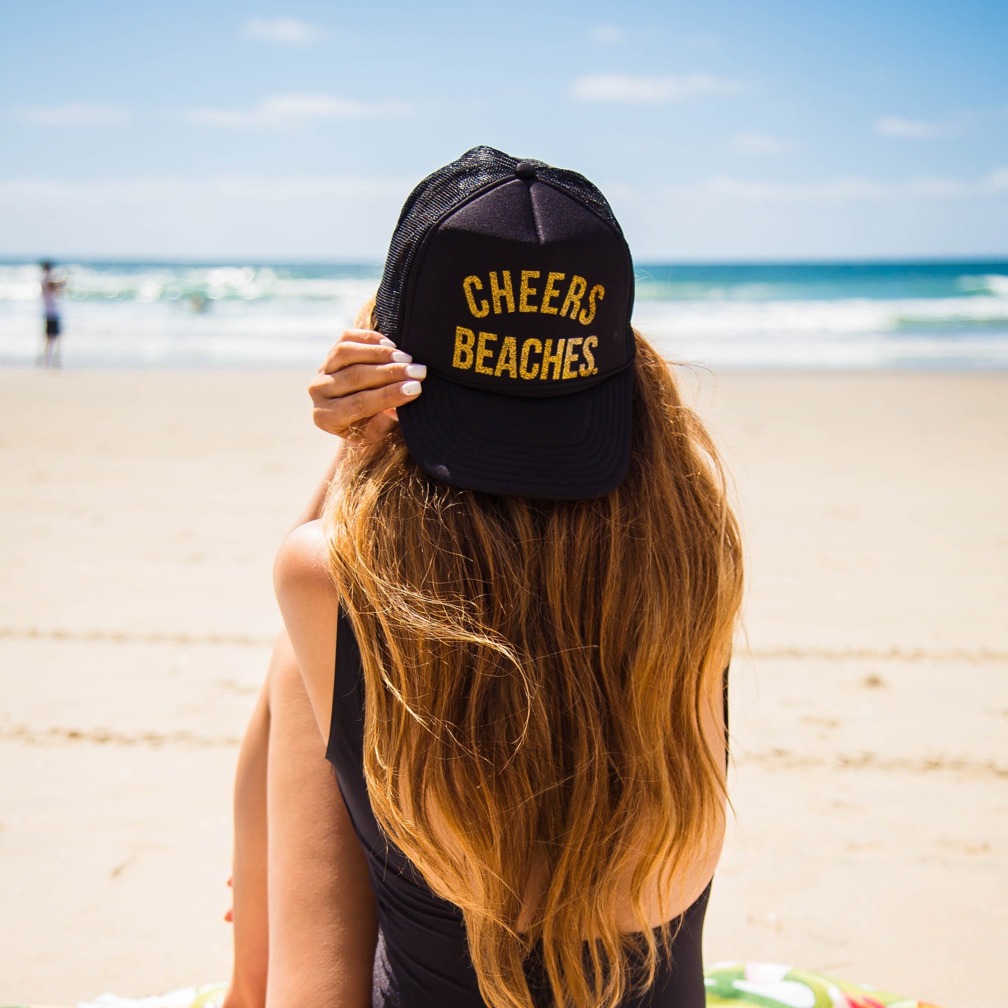 Cheers Beaches Accessories Black and Gold "Cheers Beaches" Trucker Hat: Black & Glitter Gold