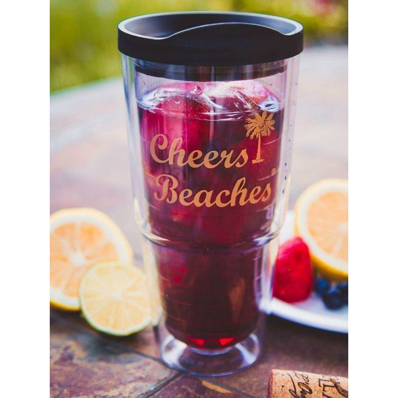 Cheers Beaches 24oz. Double Walled Golden Palm Tumbler.