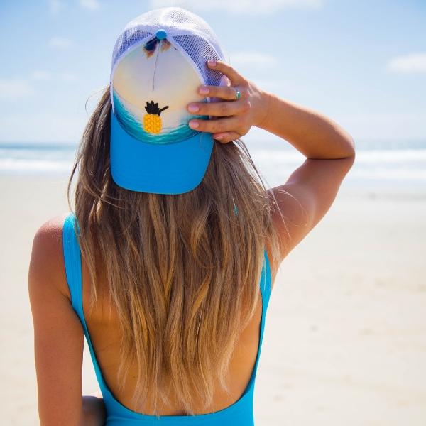 Cheers Beaches Accessories Universal / Ocean Blue Cheers Beaches Embroidered 3D Pineapple Beach Trucker Hat: Carolina