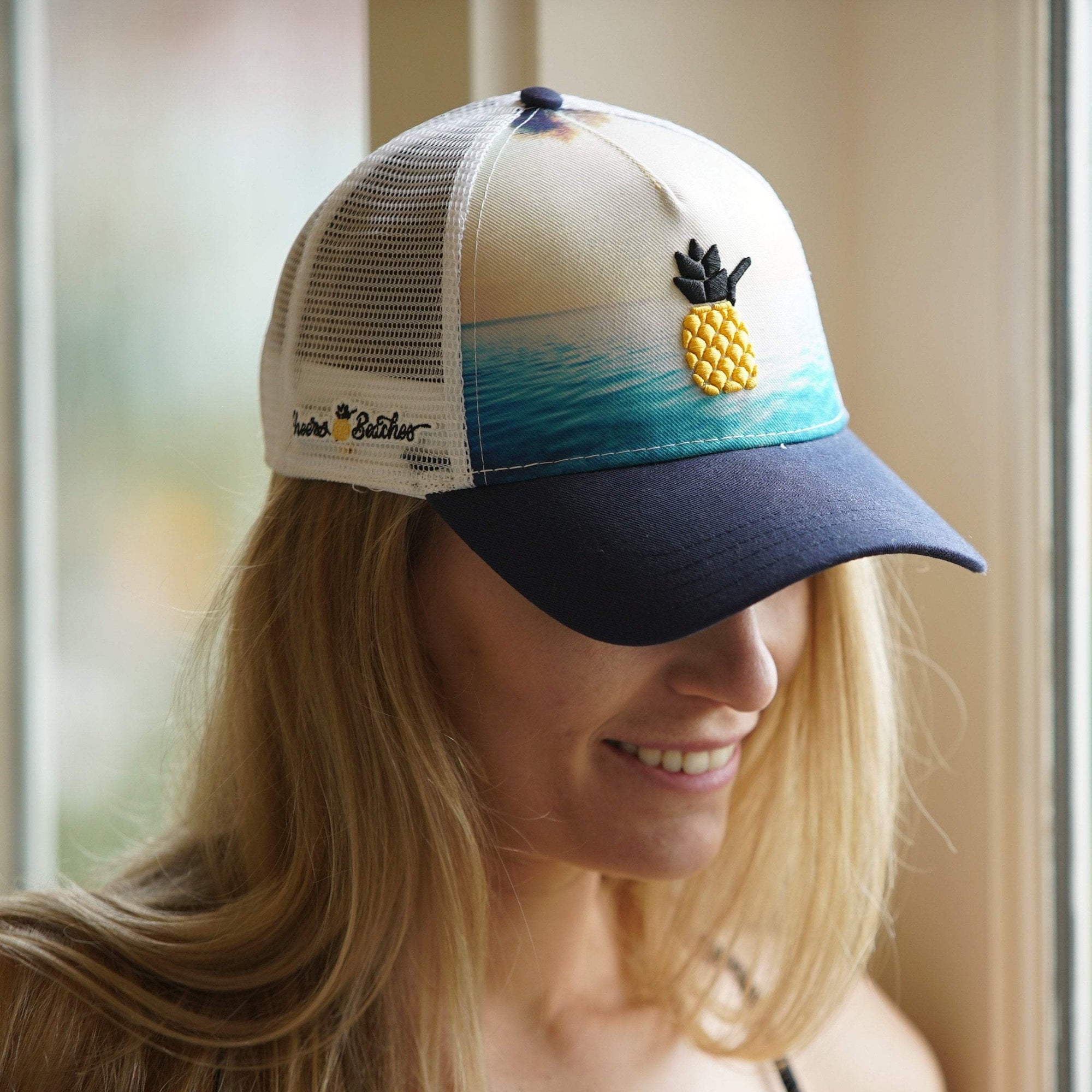 Cheers Beaches Accessories Universal / Ocean Blue Cheers Beaches Embroidered 3D Pineapple Beach Trucker Hat: Ocean