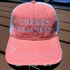 Cheers Beaches Distressed Embroidered Ponytail Trucker Hat: Salmon & White