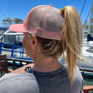 Cheers Beaches Accessories Universal / Sky Blue & Sand Cheers Beaches Embroidered Ponytail Trucker Hat: Sky Blue & Sand