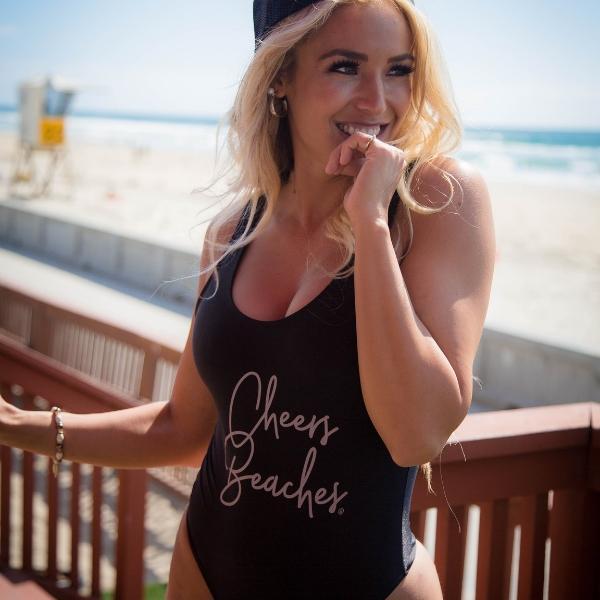 Cheers Beaches Black One Piece Swimsuit: Rose Gold Script - Cheers Beaches