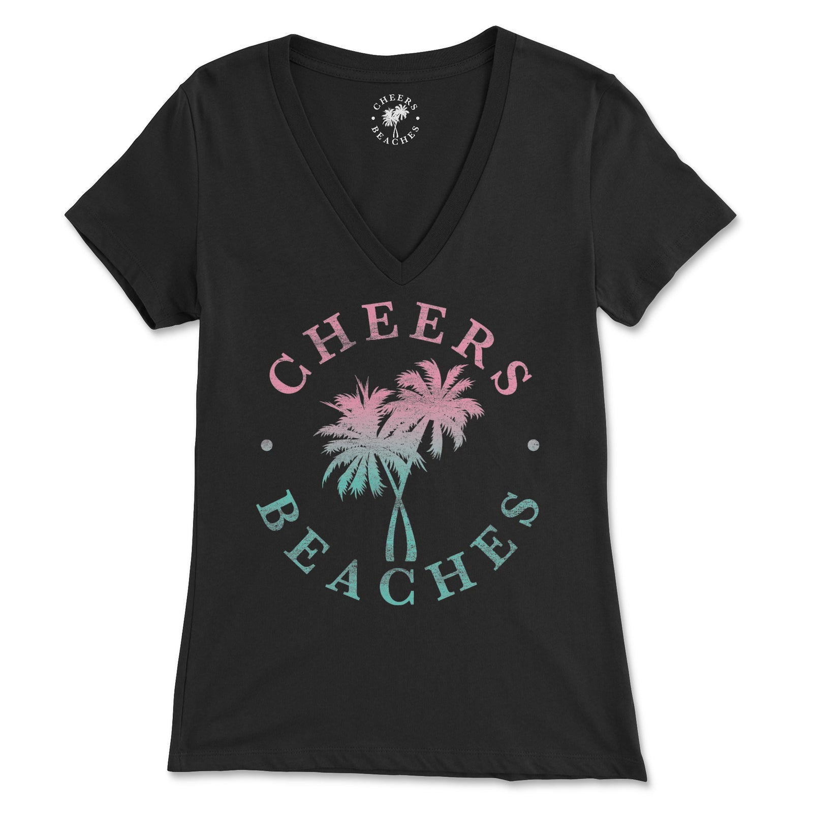 Cheers Beaches Distressed Palm Black V Neck - Cheers Beaches