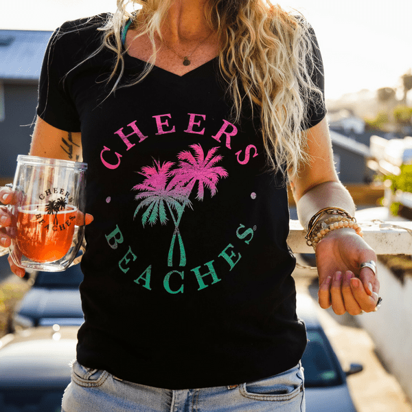 Cheers Beaches Distressed Palm Black V Neck - Cheers Beaches