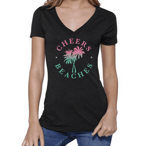 Cheers Beaches Distressed Palm Black V Neck - Cheers Beaches