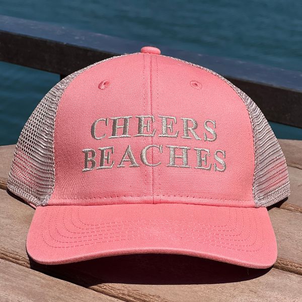 Cheers Beaches Embroidered Ponytail Trucker Hat: Coral & Sand - Cheers Beaches