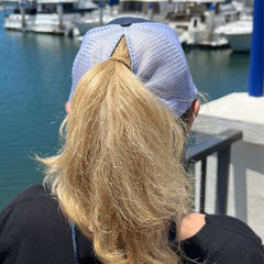 Cheers Beaches Embroidered Ponytail Trucker Hat: Navy Blue & White - Cheers Beaches