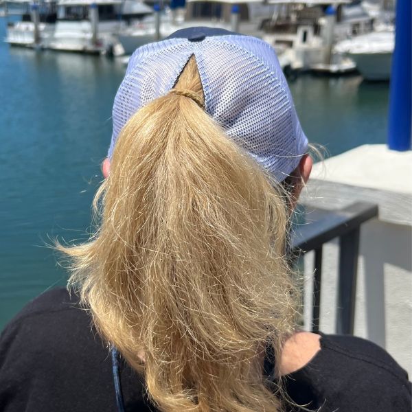 Cheers Beaches Embroidered Ponytail Trucker Hat: Navy Blue & White - Cheers Beaches