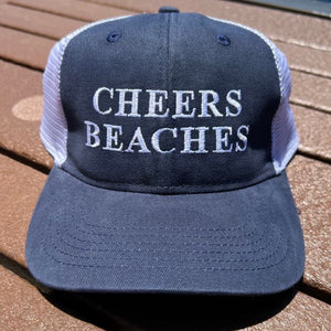 Cheers Beaches Embroidered Ponytail Trucker Hat: Navy Blue & White - Cheers Beaches