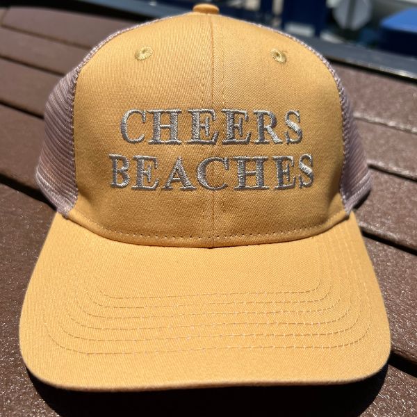 Cheers Beaches Embroidered Ponytail Trucker Hat: Sunset Yellow & Sand - Cheers Beaches
