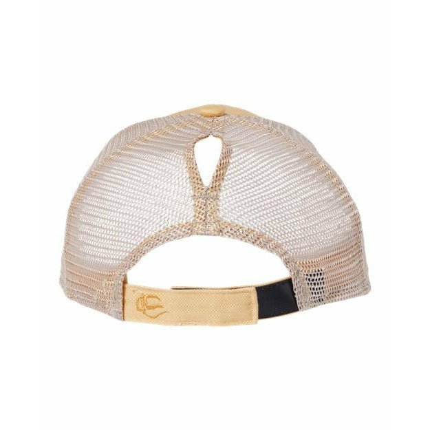 Cheers Beaches Embroidered Ponytail Trucker Hat: Sunset Yellow & Sand - Cheers Beaches