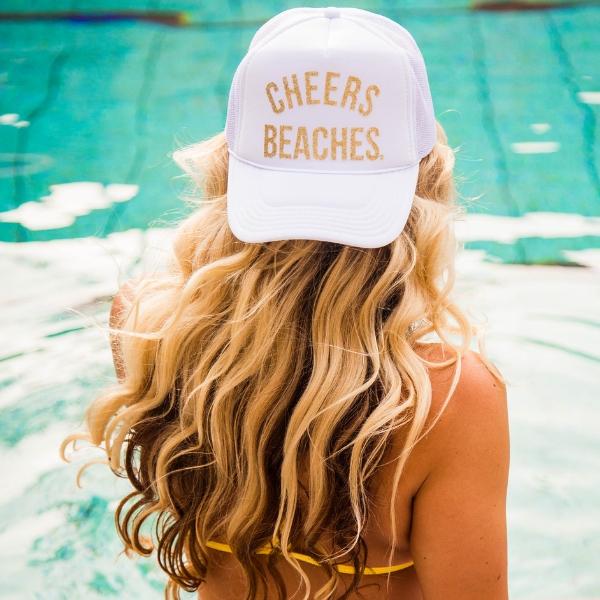 "Cheers Beaches" Glitter Girl Trucker Hat: White & Gold - Cheers Beaches
