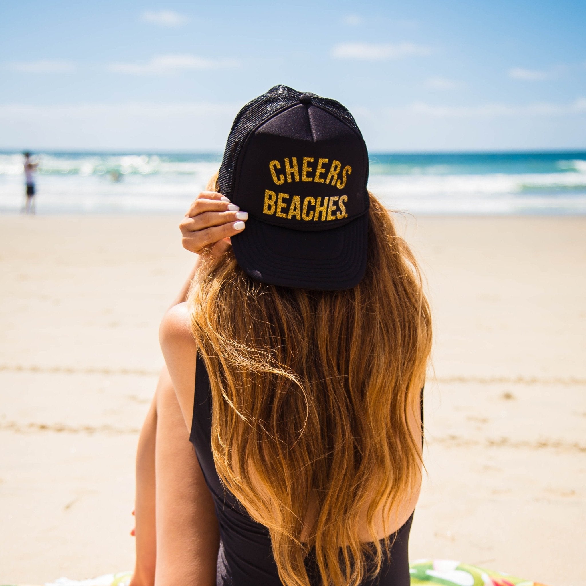 "Cheers Beaches" Trucker Hat: Black & Glitter Gold - Cheers Beaches