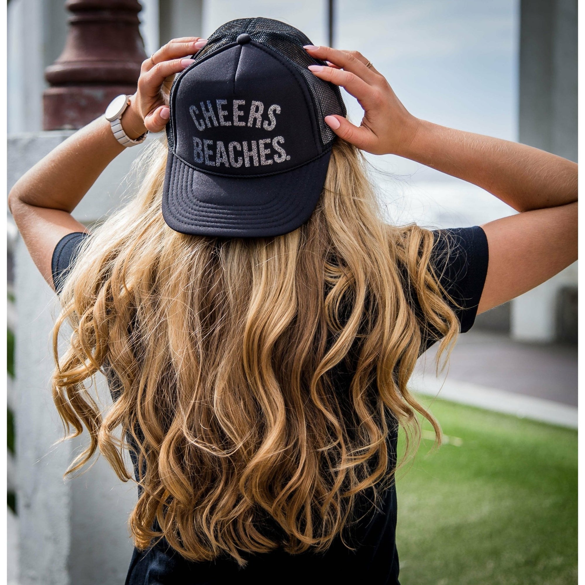 "Cheers Beaches" Trucker Hat: Black & Glitter Silver - Cheers Beaches