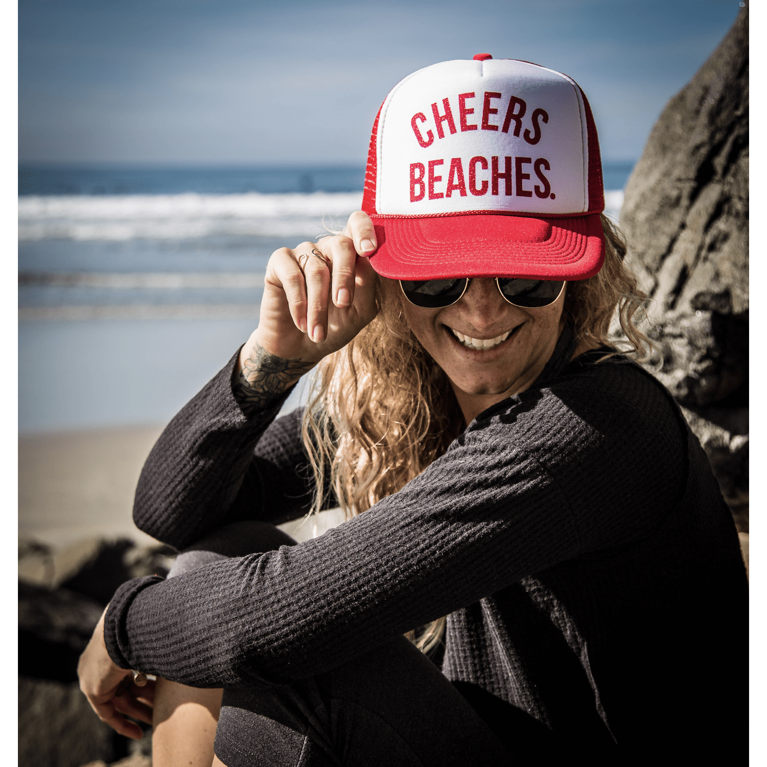 "Cheers Beaches" Trucker Hat: Red & White - Cheers Beaches