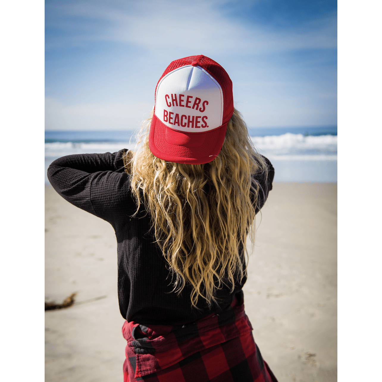 "Cheers Beaches" Trucker Hat: Red & White - Cheers Beaches
