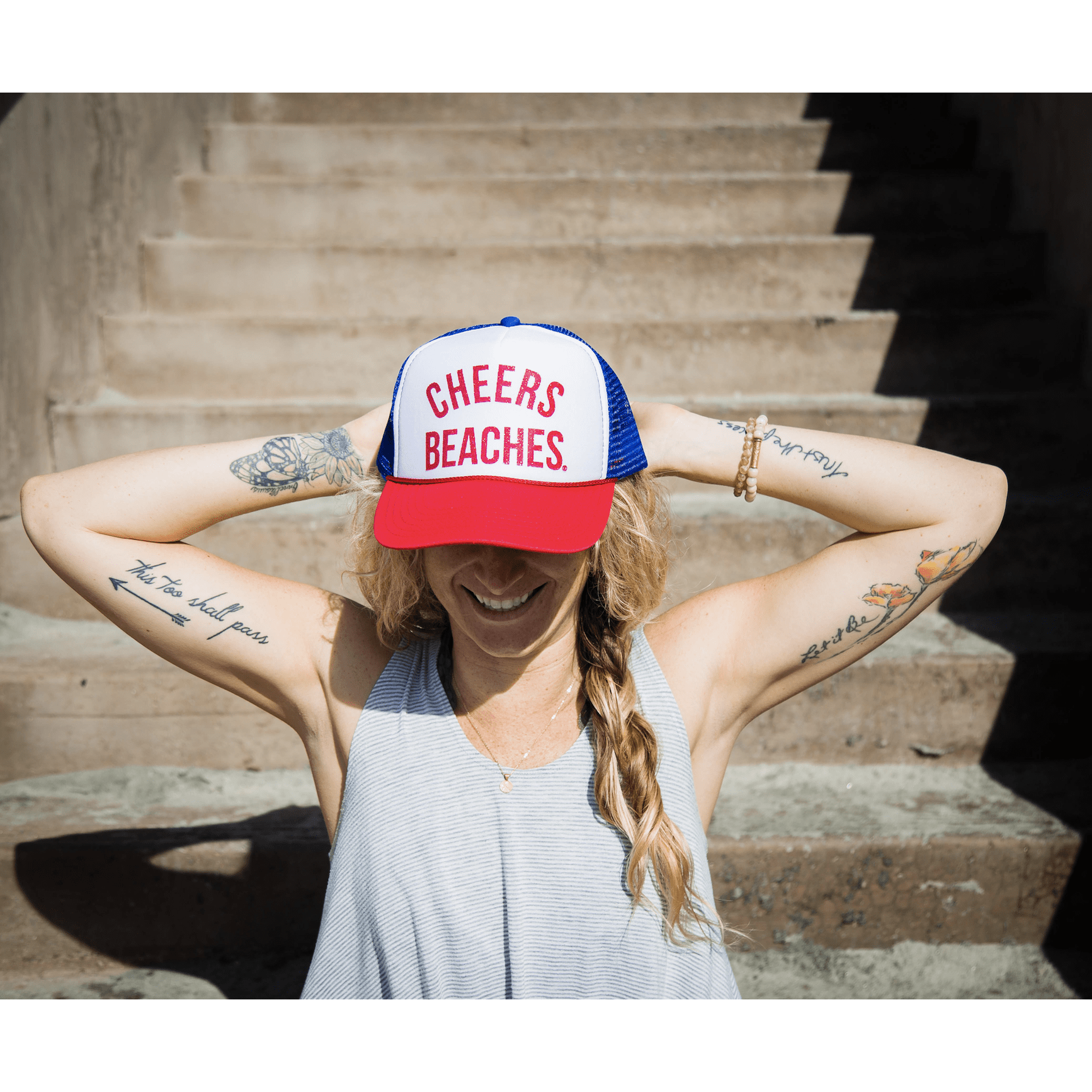 "Cheers Beaches" Trucker Hat: Red, White & Blue: Red Glitter - Cheers Beaches