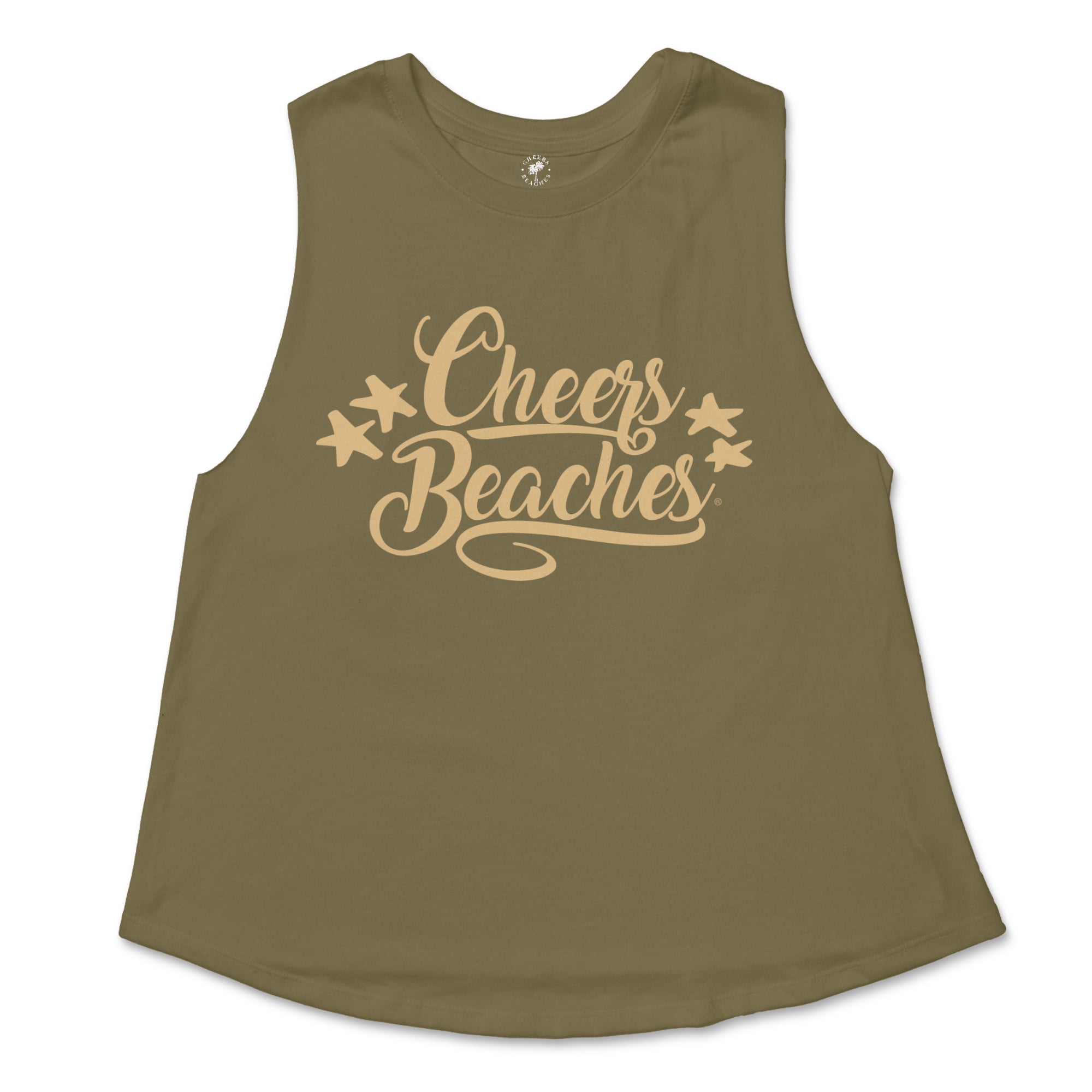 Cheers Beaches Women Small Cheers Beaches Golden Script Womans Muscle Tank: Olive