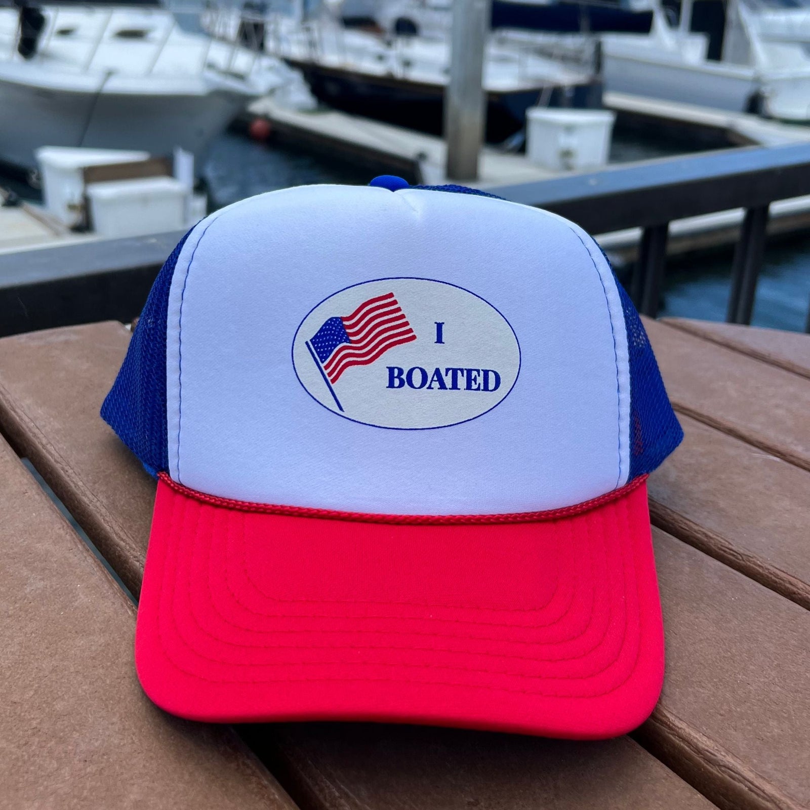 I Boated Trucker Hat: Red, White & Blue - Cheers Beaches
