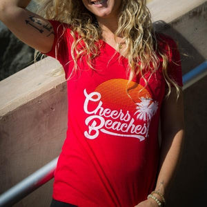 Retro Sunset & Palm V Neck - Cheers Beaches
