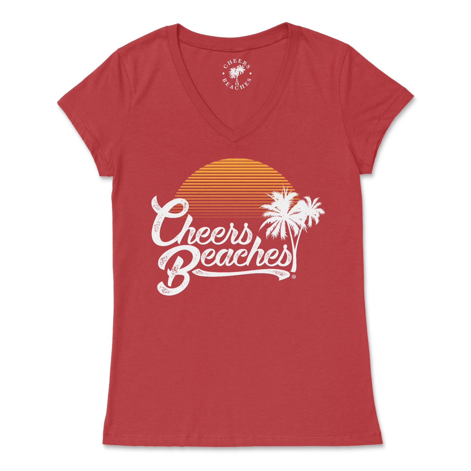 Retro Sunset & Palm V Neck - Cheers Beaches